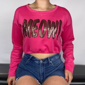 JUICY‎ COUTURE MEOW! Sequin Cinch Crop Sweatshirt Pullover Size Large Glam Pink